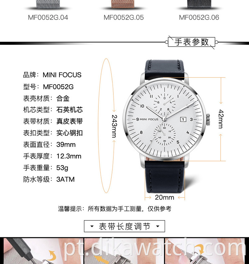MINI 0052G Marca Moda Negócios Couro Homens Relógios de Quartzo Reloj De Hombre Chronograph Relógios de pulso à prova d'água para homens
